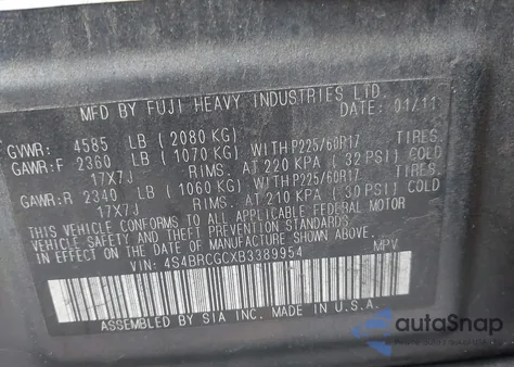 2011 Subaru Outback 2.5I Premium z USA, uszkodzony, nr VIN 4S4BRCGCXB3389954